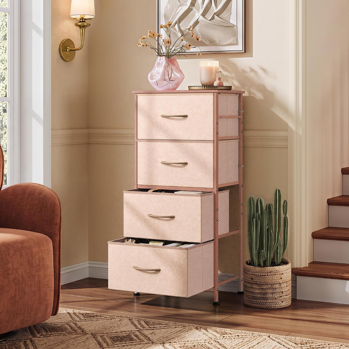 Small Dresser Nightstand for Bedroom, 4 Drawers, Pink
