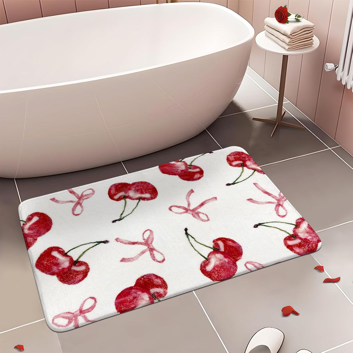 Cherry Cute Bath Mats for Bathroom Decor, Coquette Bow Non-Slip Absorbent Bathroom Rugs, Fruit Fluffy Shower Rug for Bathtub Sink, Washable, 20x30 in, Pink