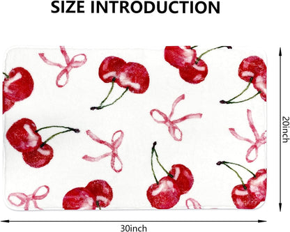 Cherry Cute Bath Mats for Bathroom Decor, Coquette Bow Non-Slip Absorbent Bathroom Rugs, Fruit Fluffy Shower Rug for Bathtub Sink, Washable, 20x30 in, Pink