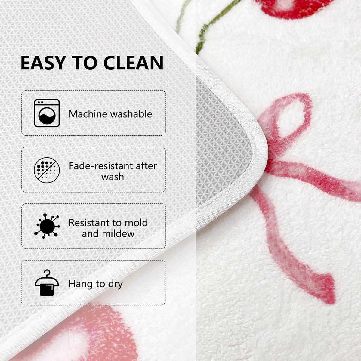 Cherry Cute Bath Mats for Bathroom Decor, Coquette Bow Non-Slip Absorbent Bathroom Rugs, Fruit Fluffy Shower Rug for Bathtub Sink, Washable, 20x30 in, Pink