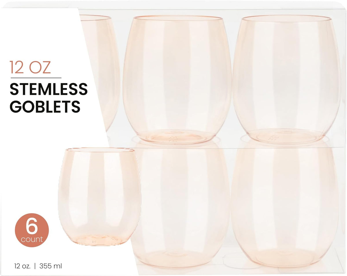 6 Pack Peach Color Plastic Wine Glasses Stemless Disposable 12 oz BPA Free Shatterproof Plastic Wine Cups Wine Glasses for Parties