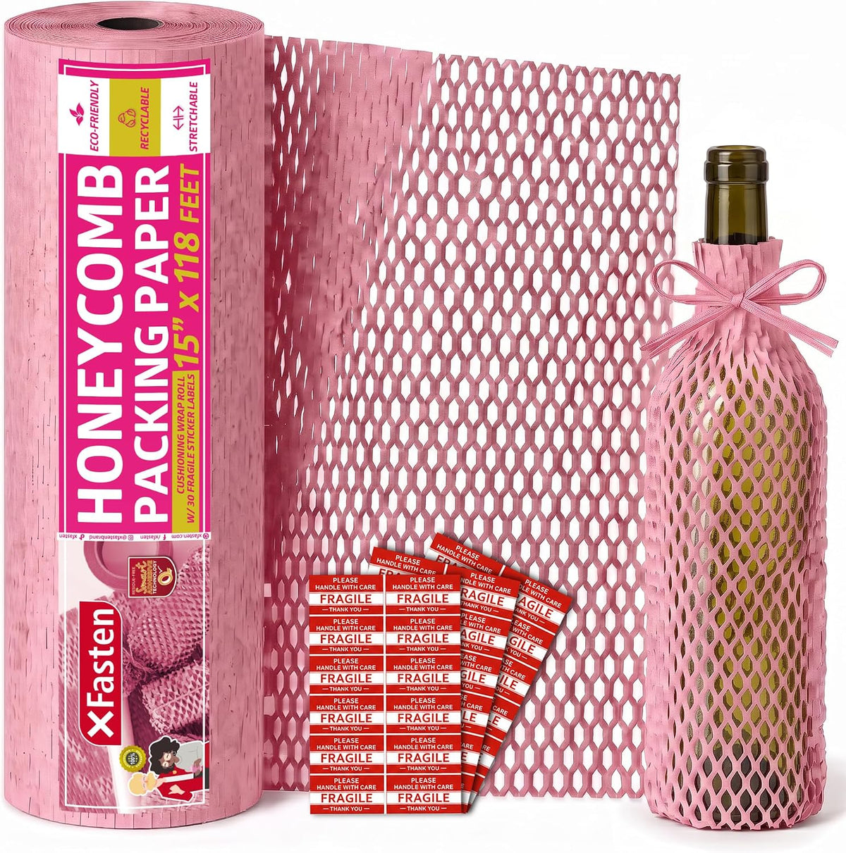 Pink Honeycomb Packing Paper for Moving 15-Inch x 118-Feet Bubble Honeycomb Wrap, Honeycomb Wrapping Paper for Packing Cushion with 30 Fragile Stickers Packing Supplies