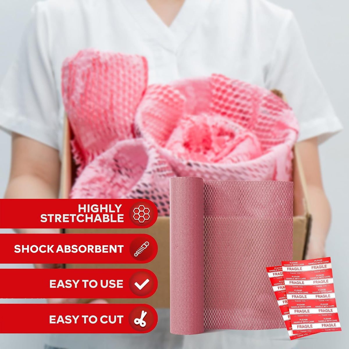 Pink Honeycomb Packing Paper for Moving 15-Inch x 118-Feet Bubble Honeycomb Wrap, Honeycomb Wrapping Paper for Packing Cushion with 30 Fragile Stickers Packing Supplies