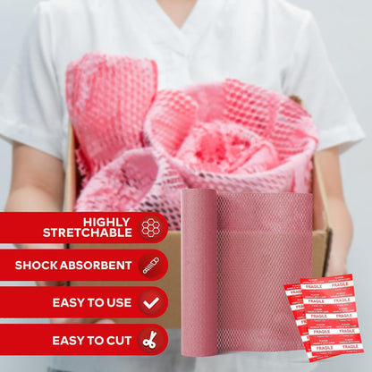 Pink Honeycomb Packing Paper for Moving 15-Inch x 118-Feet Bubble Honeycomb Wrap, Honeycomb Wrapping Paper for Packing Cushion with 30 Fragile Stickers Packing Supplies