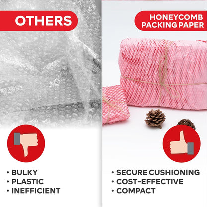 Pink Honeycomb Packing Paper for Moving 15-Inch x 118-Feet Bubble Honeycomb Wrap, Honeycomb Wrapping Paper for Packing Cushion with 30 Fragile Stickers Packing Supplies