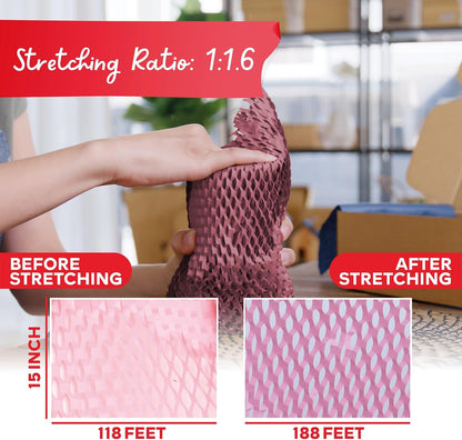 Pink Honeycomb Packing Paper for Moving 15-Inch x 118-Feet Bubble Honeycomb Wrap, Honeycomb Wrapping Paper for Packing Cushion with 30 Fragile Stickers Packing Supplies