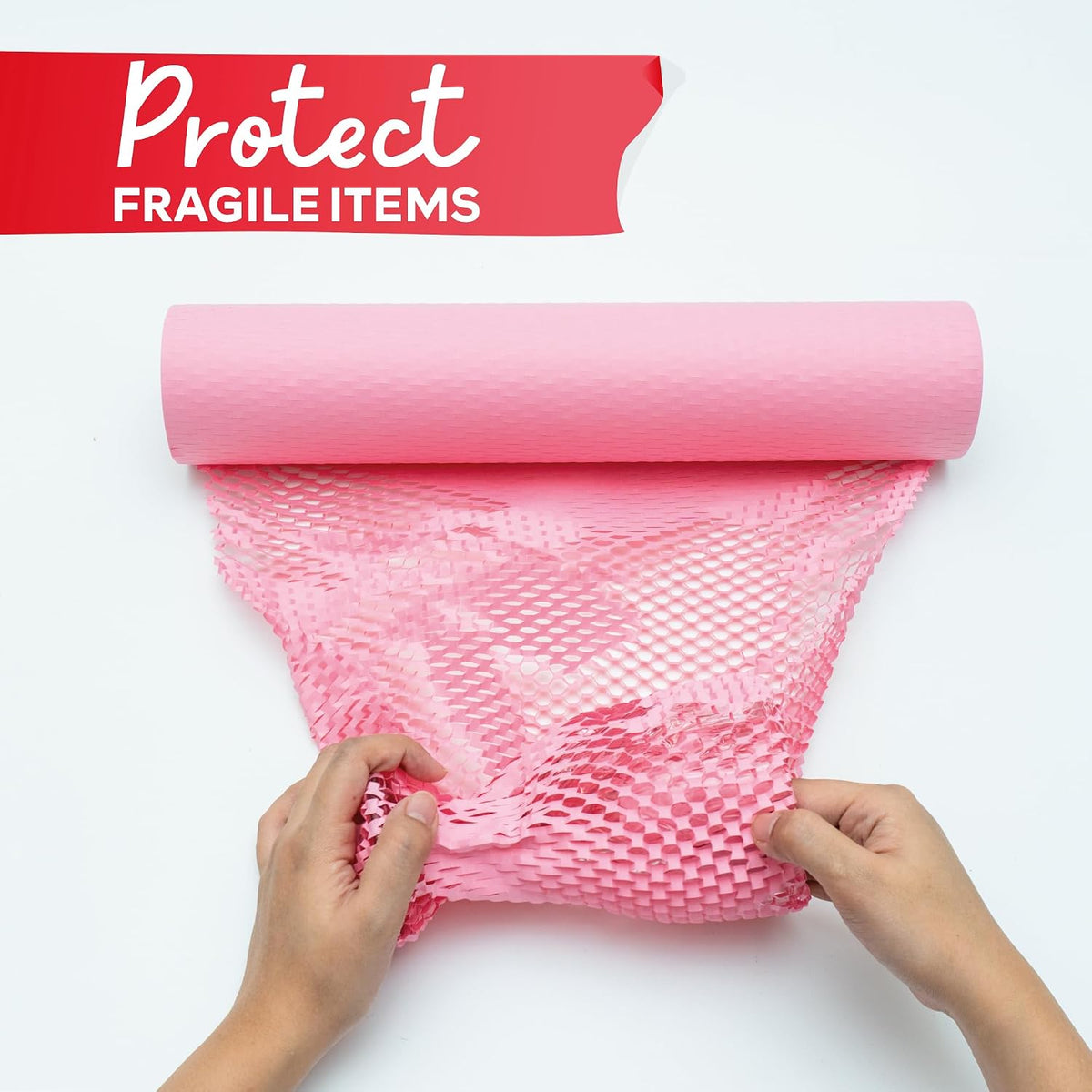 Pink Honeycomb Packing Paper for Moving 15-Inch x 118-Feet Bubble Honeycomb Wrap, Honeycomb Wrapping Paper for Packing Cushion with 30 Fragile Stickers Packing Supplies