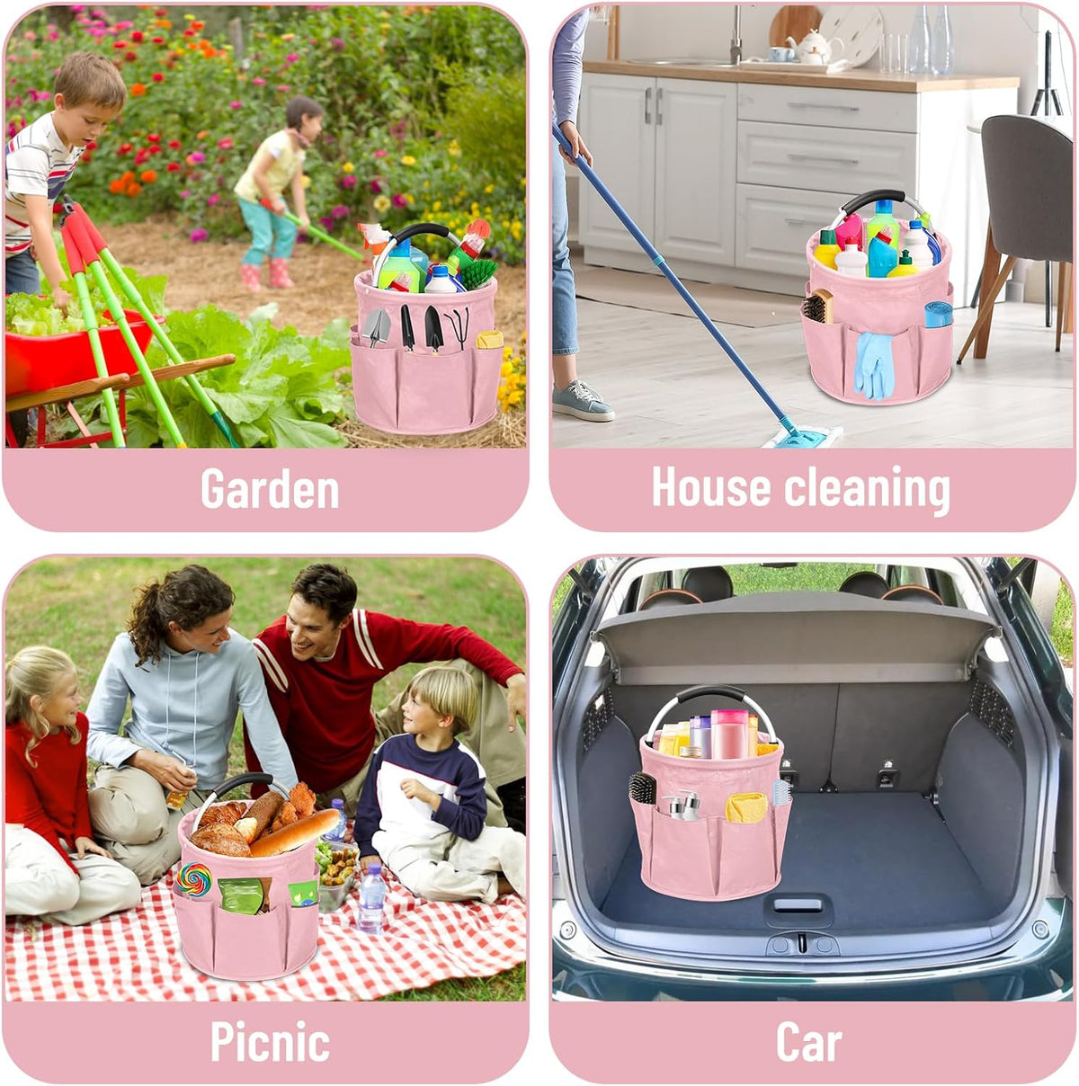 17L Cleaning Caddy with Handle, Foldable Cleaning Bucket, Pink