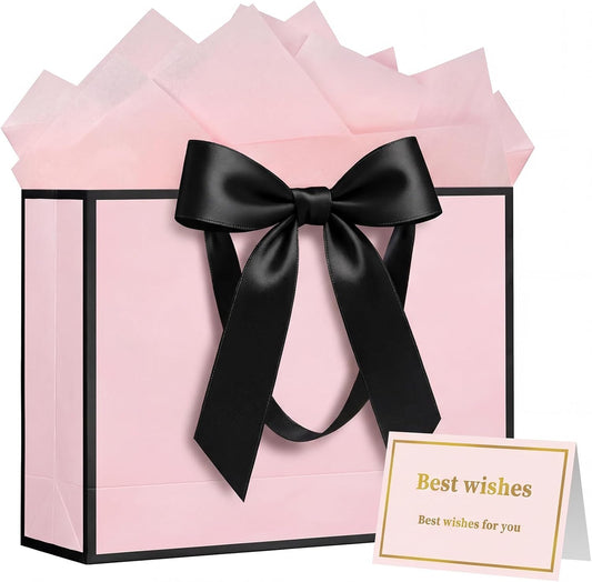 13" Gift Bag with Handles and Bow Ribbon, Large Gift Bag with 3 Tissue Paper and 1 Card for Birthdays, Baby Showers, Wedding, Bridal Showers, Mother's Day (Light Pink)