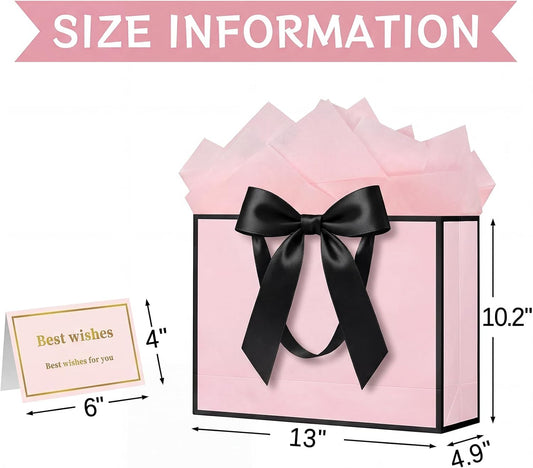 13" Gift Bag with Handles and Bow Ribbon, Large Gift Bag with 3 Tissue Paper and 1 Card for Birthdays, Baby Showers, Wedding, Bridal Showers, Mother's Day (Light Pink)