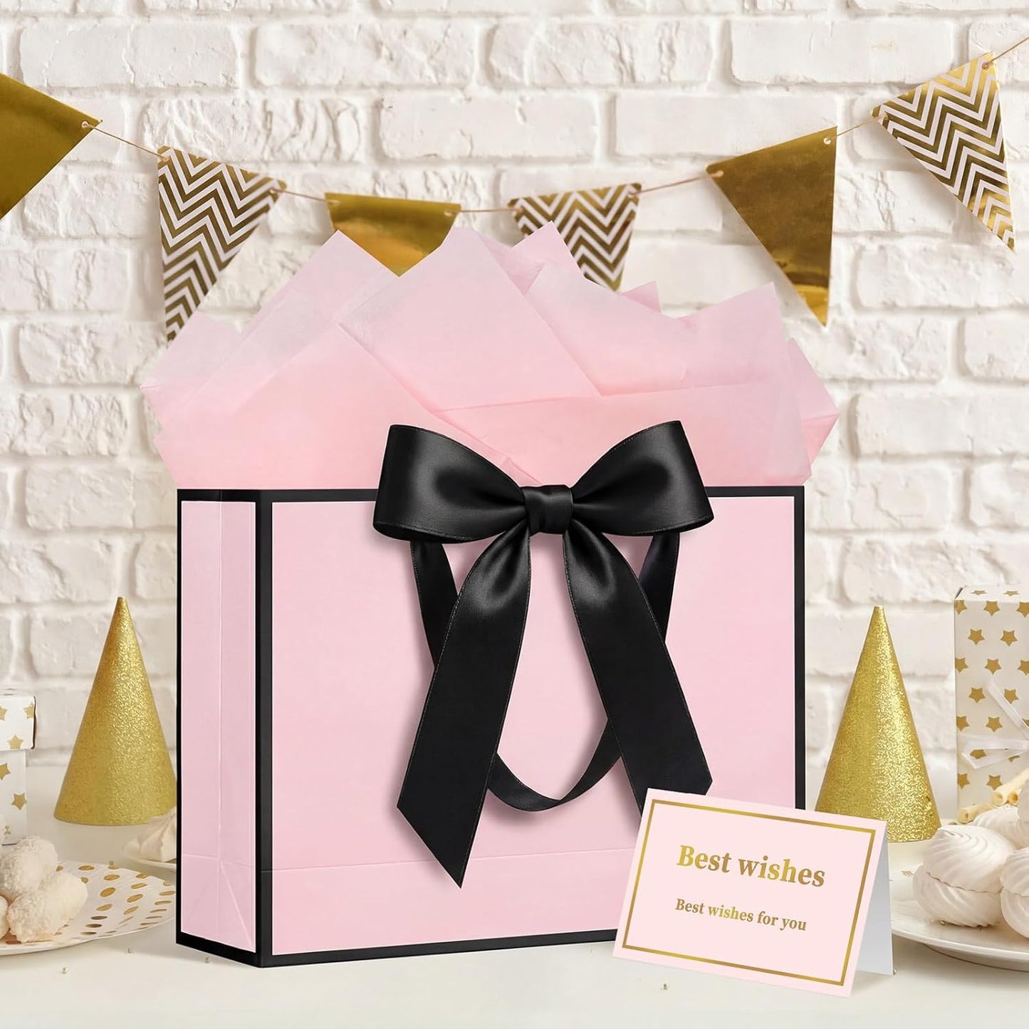 13" Gift Bag with Handles and Bow Ribbon, Large Gift Bag with 3 Tissue Paper and 1 Card for Birthdays, Baby Showers, Wedding, Bridal Showers, Mother's Day (Light Pink)