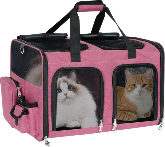 Cat Carrier for 2 Cats - Double Pet Carrier Extra Large, Dual Cabin Multi Cat Travel Carrier with Removable Divider, Collapsible, Can Hold 20 30 40 lbs for Two Small Kitten, Medium Dog Pink