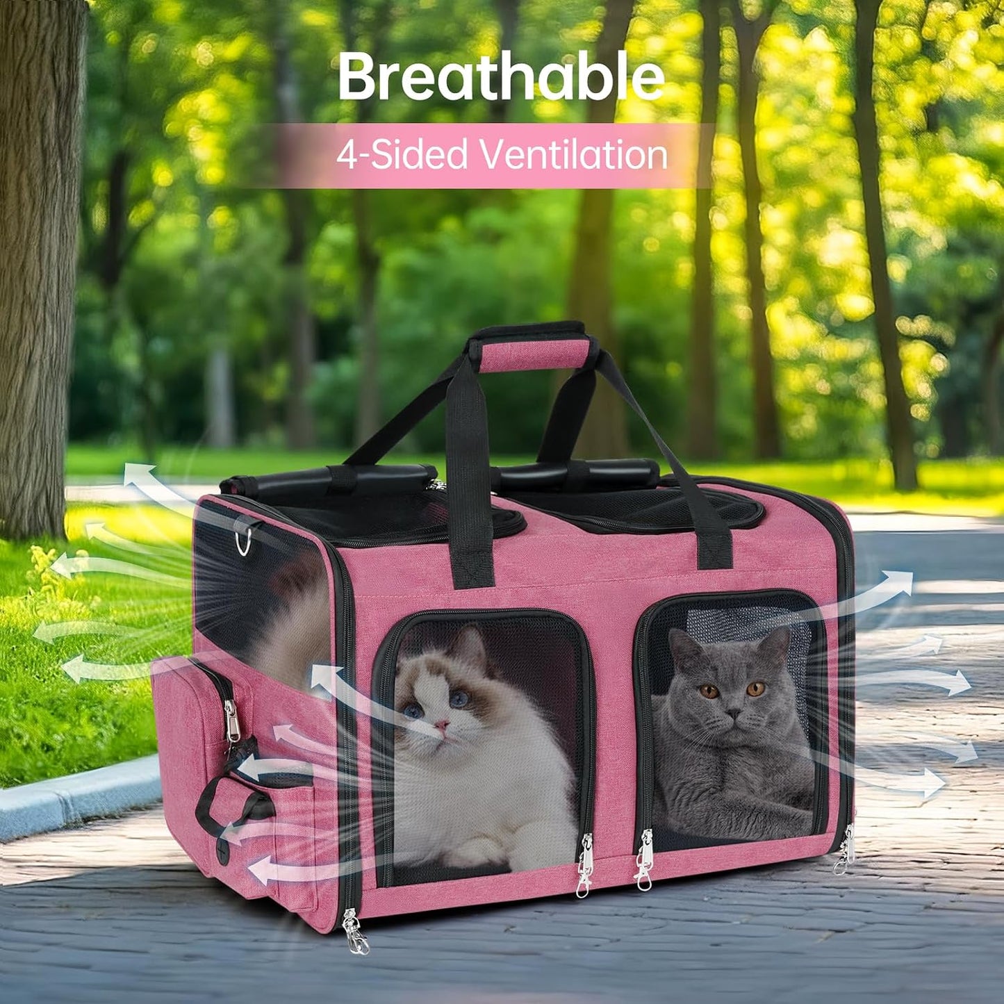 Cat Carrier for 2 Cats - Double Pet Carrier Extra Large, Dual Cabin Multi Cat Travel Carrier with Removable Divider, Collapsible, Can Hold 20 30 40 lbs for Two Small Kitten, Medium Dog Pink