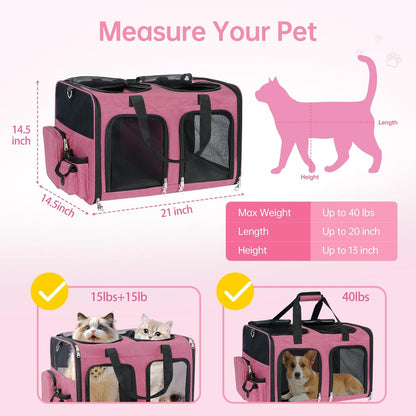Cat Carrier for 2 Cats - Double Pet Carrier Extra Large, Dual Cabin Multi Cat Travel Carrier with Removable Divider, Collapsible, Can Hold 20 30 40 lbs for Two Small Kitten, Medium Dog Pink