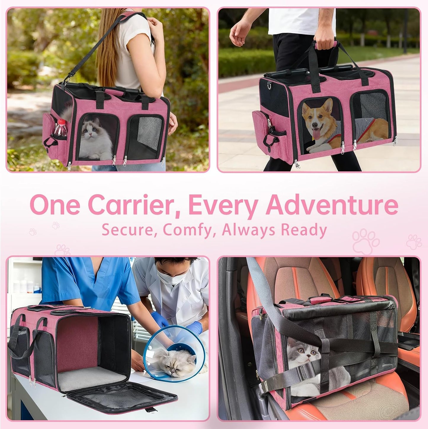 Cat Carrier for 2 Cats - Double Pet Carrier Extra Large, Dual Cabin Multi Cat Travel Carrier with Removable Divider, Collapsible, Can Hold 20 30 40 lbs for Two Small Kitten, Medium Dog Pink