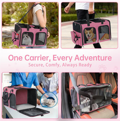 Cat Carrier for 2 Cats - Double Pet Carrier Extra Large, Dual Cabin Multi Cat Travel Carrier with Removable Divider, Collapsible, Can Hold 20 30 40 lbs for Two Small Kitten, Medium Dog Pink