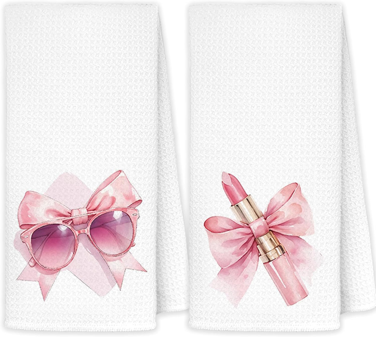 Coquette Pink Bow Sunglasses Lipstick Hand Towels Set of 2, Preppy Pink Girly Bathroom Hand Towels for Girls Dorm Apartment, Coquette Bow Decorative Dish Tea Towels, 16x24 Inch