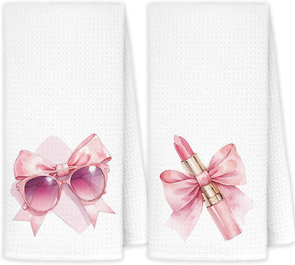Coquette Pink Bow Sunglasses Lipstick Hand Towels Set of 2, Preppy Pink Girly Bathroom Hand Towels for Girls Dorm Apartment, Coquette Bow Decorative Dish Tea Towels, 16x24 Inch
