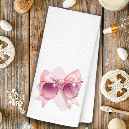 Coquette Pink Bow Sunglasses Lipstick Hand Towels Set of 2, Preppy Pink Girly Bathroom Hand Towels for Girls Dorm Apartment, Coquette Bow Decorative Dish Tea Towels, 16x24 Inch