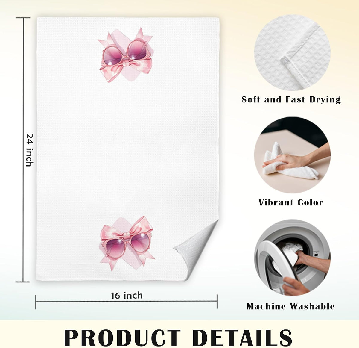 Coquette Pink Bow Sunglasses Lipstick Hand Towels Set of 2, Preppy Pink Girly Bathroom Hand Towels for Girls Dorm Apartment, Coquette Bow Decorative Dish Tea Towels, 16x24 Inch