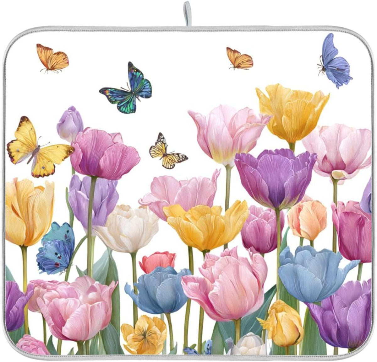 Light Pink Tulips Butterfly Dish Drying Mat for Kitchen Counter Drainer Rack Mats for Dishes Washable Absorbent Draining Heat Resistant Pad for Countertop 16 x 18