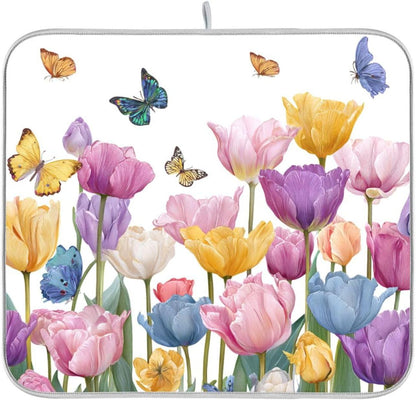 Light Pink Tulips Butterfly Dish Drying Mat for Kitchen Counter Drainer Rack Mats for Dishes Washable Absorbent Draining Heat Resistant Pad for Countertop 16 x 18