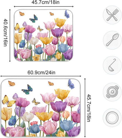 Light Pink Tulips Butterfly Dish Drying Mat for Kitchen Counter Drainer Rack Mats for Dishes Washable Absorbent Draining Heat Resistant Pad for Countertop 16 x 18