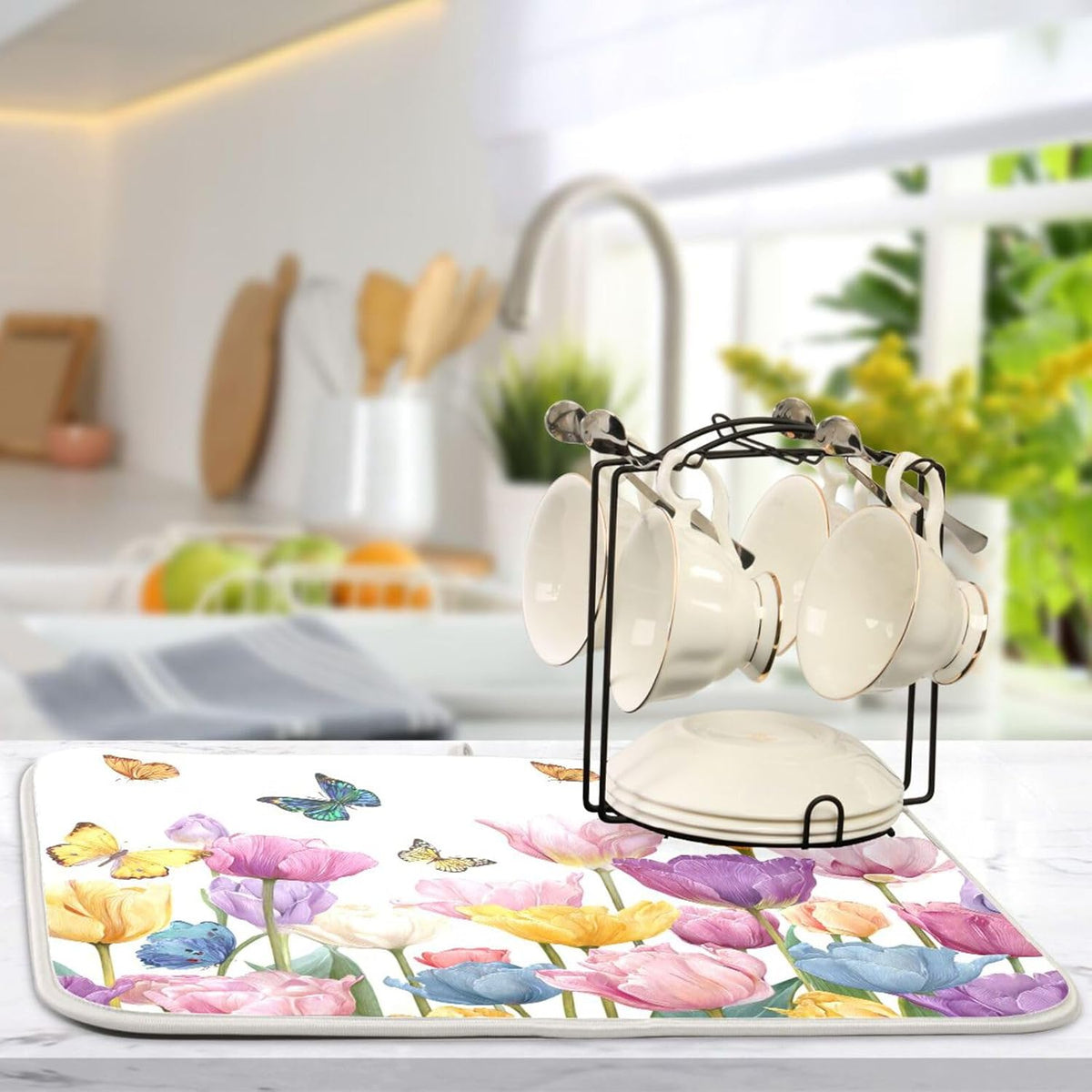 Light Pink Tulips Butterfly Dish Drying Mat for Kitchen Counter Drainer Rack Mats for Dishes Washable Absorbent Draining Heat Resistant Pad for Countertop 16 x 18