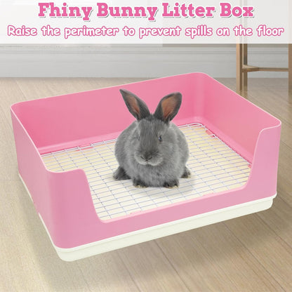 Large Rabbit Litter Box for Cage, Plastic Guinea Pig Litter Pan with 6 PCS Disposable Pee Pads Potty Trainer Corner Toilet Box for Bunny Guinea Pigs Ferrets Chinchillas Small Animals (Pink)