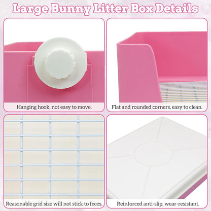 Large Rabbit Litter Box for Cage, Plastic Guinea Pig Litter Pan with 6 PCS Disposable Pee Pads Potty Trainer Corner Toilet Box for Bunny Guinea Pigs Ferrets Chinchillas Small Animals (Pink)