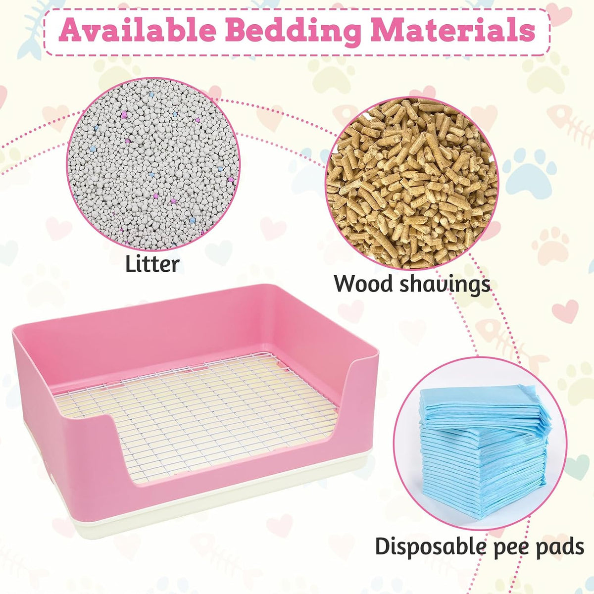 Large Rabbit Litter Box for Cage, Plastic Guinea Pig Litter Pan with 6 PCS Disposable Pee Pads Potty Trainer Corner Toilet Box for Bunny Guinea Pigs Ferrets Chinchillas Small Animals (Pink)