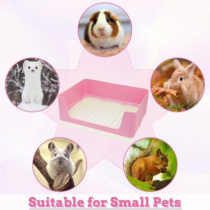 Large Rabbit Litter Box for Cage, Plastic Guinea Pig Litter Pan with 6 PCS Disposable Pee Pads Potty Trainer Corner Toilet Box for Bunny Guinea Pigs Ferrets Chinchillas Small Animals (Pink)