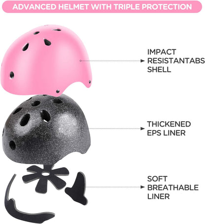 Kids Bike Helmet Set Skateboard Knee Pads - Kids Helmet Elbow Pads Wrist Guards Adjustable for 3~10yrs Girl Boy Kids Protective Gear Set for Sport Cycling Bike Roller Skating Scooter
