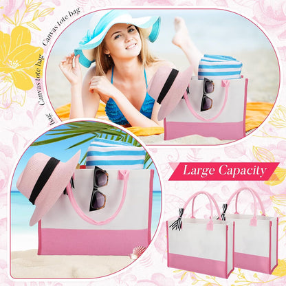 3 Pcs Initial Canvas Tote Bag Reusable Blank Personalized Present Totes for Women, Bridesmaid, Wedding, Travel Gift(Pink)
