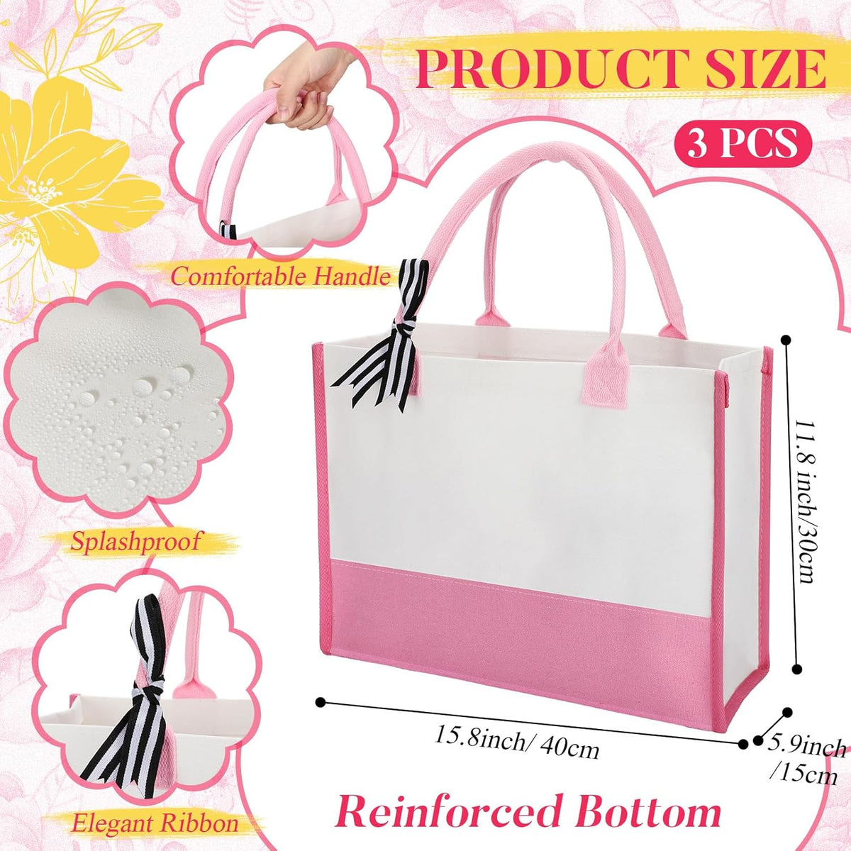 3 Pcs Initial Canvas Tote Bag Reusable Blank Personalized Present Totes for Women, Bridesmaid, Wedding, Travel Gift(Pink)