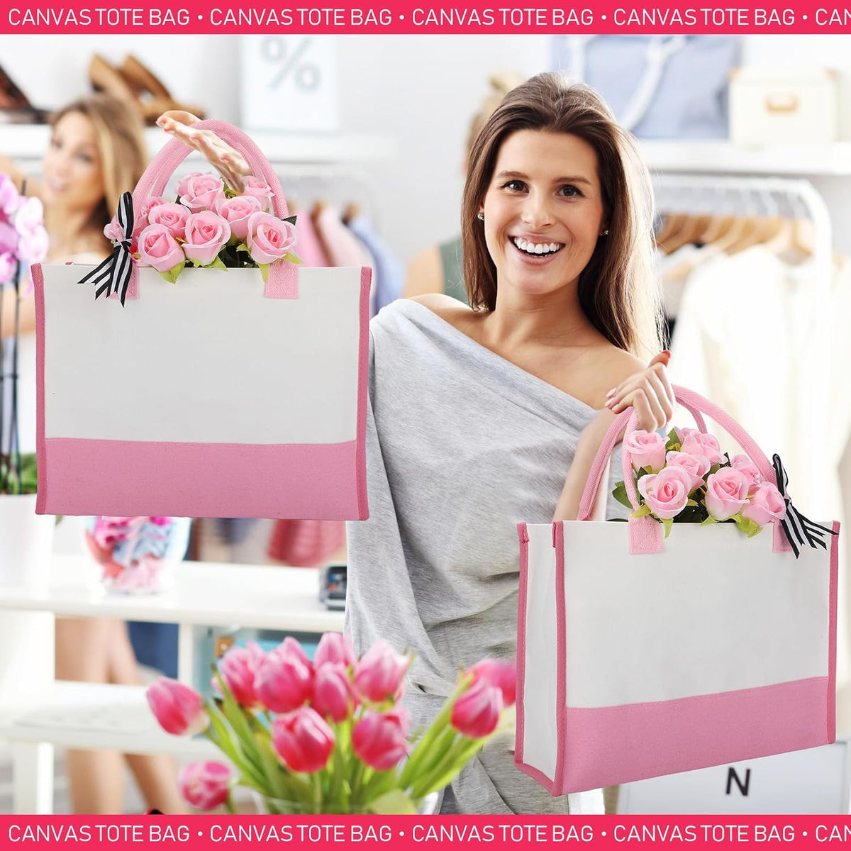 3 Pcs Initial Canvas Tote Bag Reusable Blank Personalized Present Totes for Women, Bridesmaid, Wedding, Travel Gift(Pink)