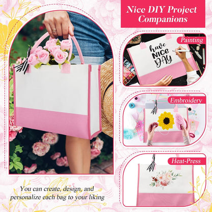 3 Pcs Initial Canvas Tote Bag Reusable Blank Personalized Present Totes for Women, Bridesmaid, Wedding, Travel Gift(Pink)