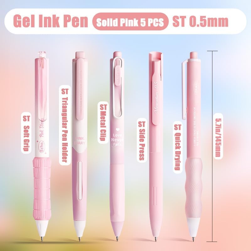 5PCs Pastel Gel Ink Pen Set,Retractable Black Ink Pens 0.5mm Fine Point