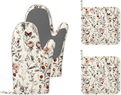 Retro Pink Floral Butterfly Heat-Resistant Silicone Oven Mitts and Pot Holders,Long Oven Gloves with Non-Slip Grip for Cooking, Baking, Grilling,BBQ
