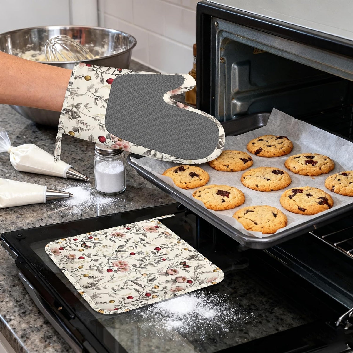 Retro Pink Floral Butterfly Heat-Resistant Silicone Oven Mitts and Pot Holders,Long Oven Gloves with Non-Slip Grip for Cooking, Baking, Grilling,BBQ