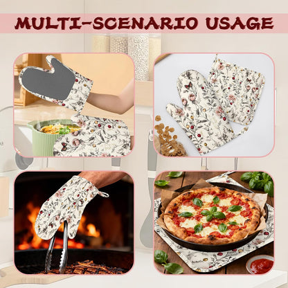 Retro Pink Floral Butterfly Heat-Resistant Silicone Oven Mitts and Pot Holders,Long Oven Gloves with Non-Slip Grip for Cooking, Baking, Grilling,BBQ
