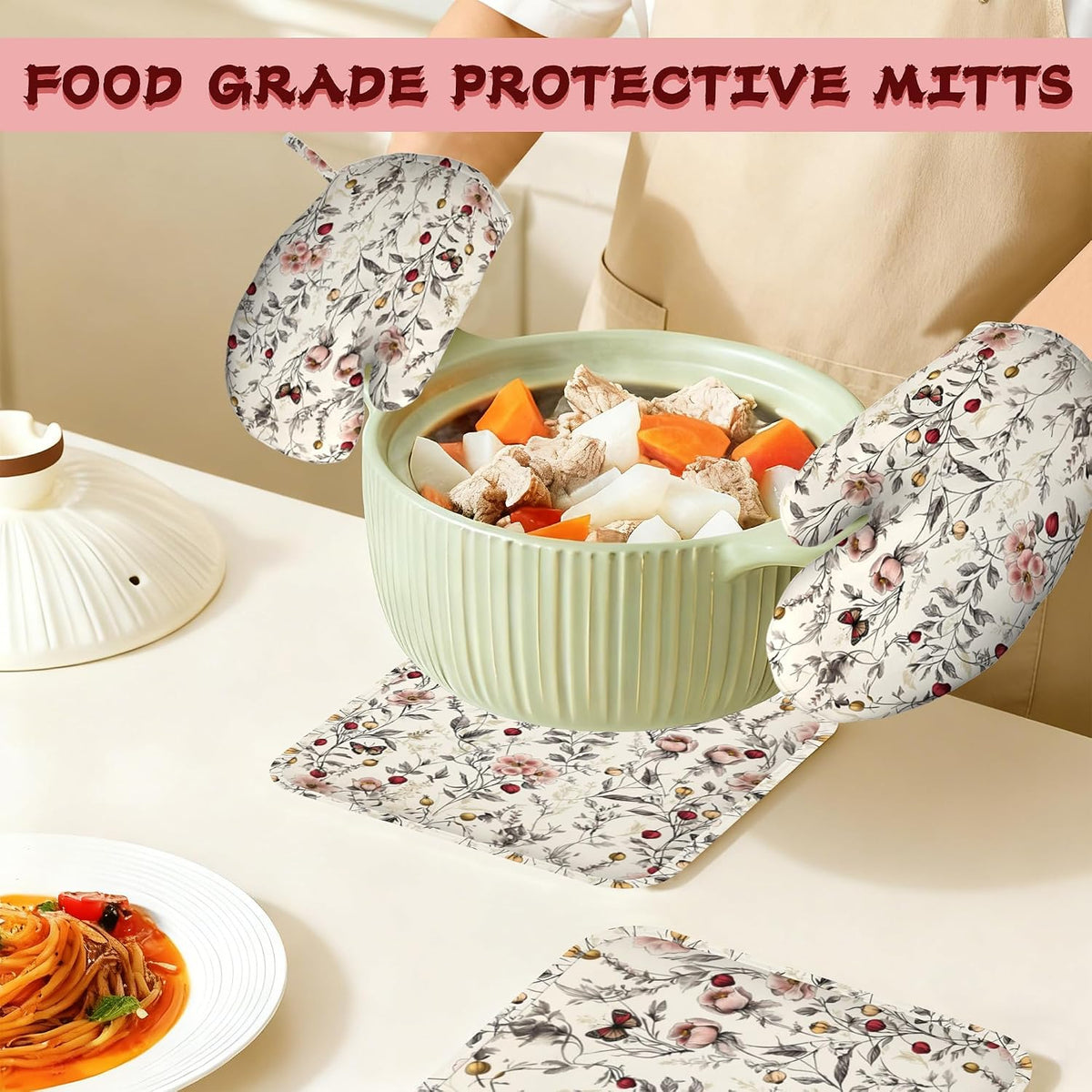 Retro Pink Floral Butterfly Heat-Resistant Silicone Oven Mitts and Pot Holders,Long Oven Gloves with Non-Slip Grip for Cooking, Baking, Grilling,BBQ