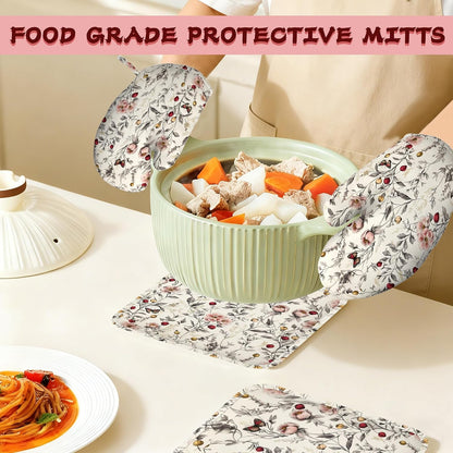 Retro Pink Floral Butterfly Heat-Resistant Silicone Oven Mitts and Pot Holders,Long Oven Gloves with Non-Slip Grip for Cooking, Baking, Grilling,BBQ