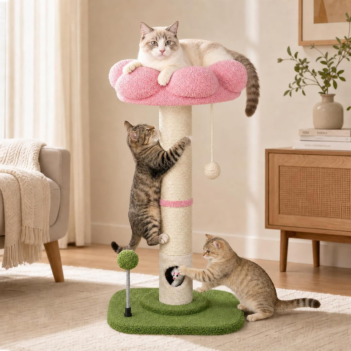 Tall Cat Scratching Post for Indoor Cats,Sisal Scratching Post(Pink Flower)
