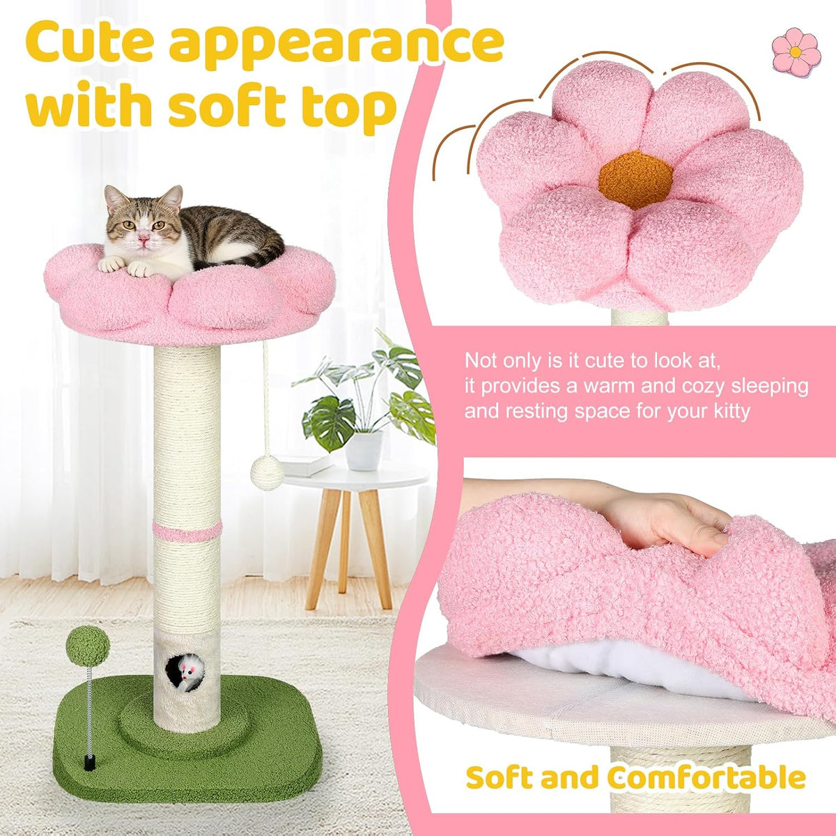 Tall Cat Scratching Post for Indoor Cats,Sisal Scratching Post(Pink Flower)