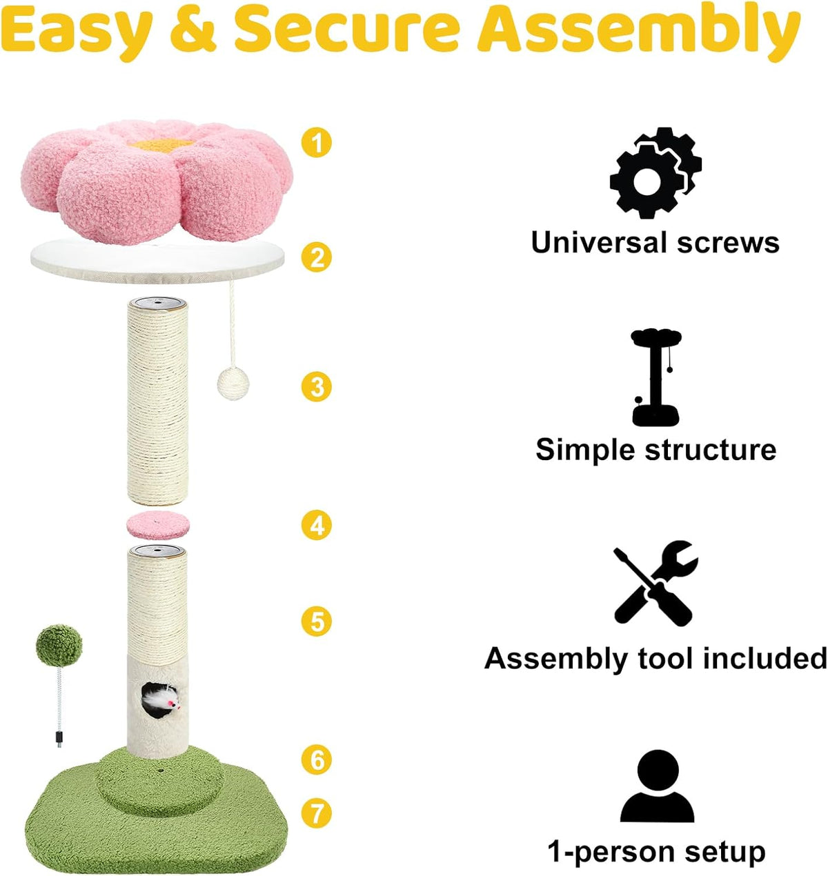 Tall Cat Scratching Post for Indoor Cats,Sisal Scratching Post(Pink Flower)