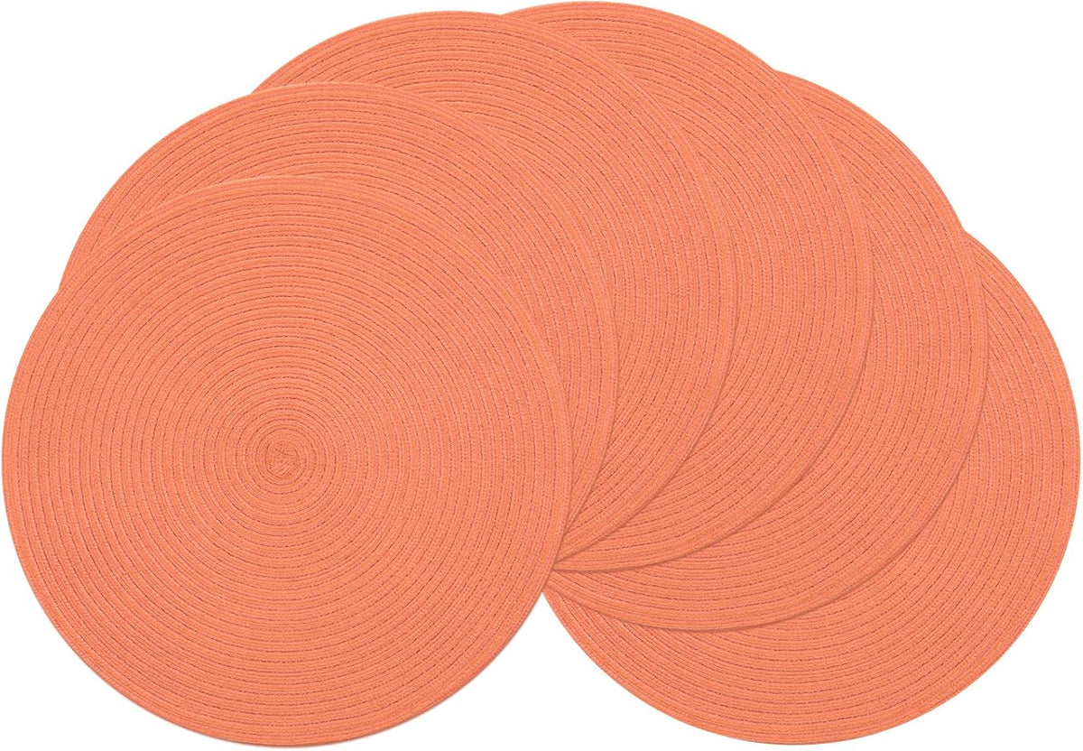Round Braided Placemats Set of 6 Washable Cotton Polyester Round Placemats for Kitchen Table 15 inch Round Table Mats (Coral, 6)