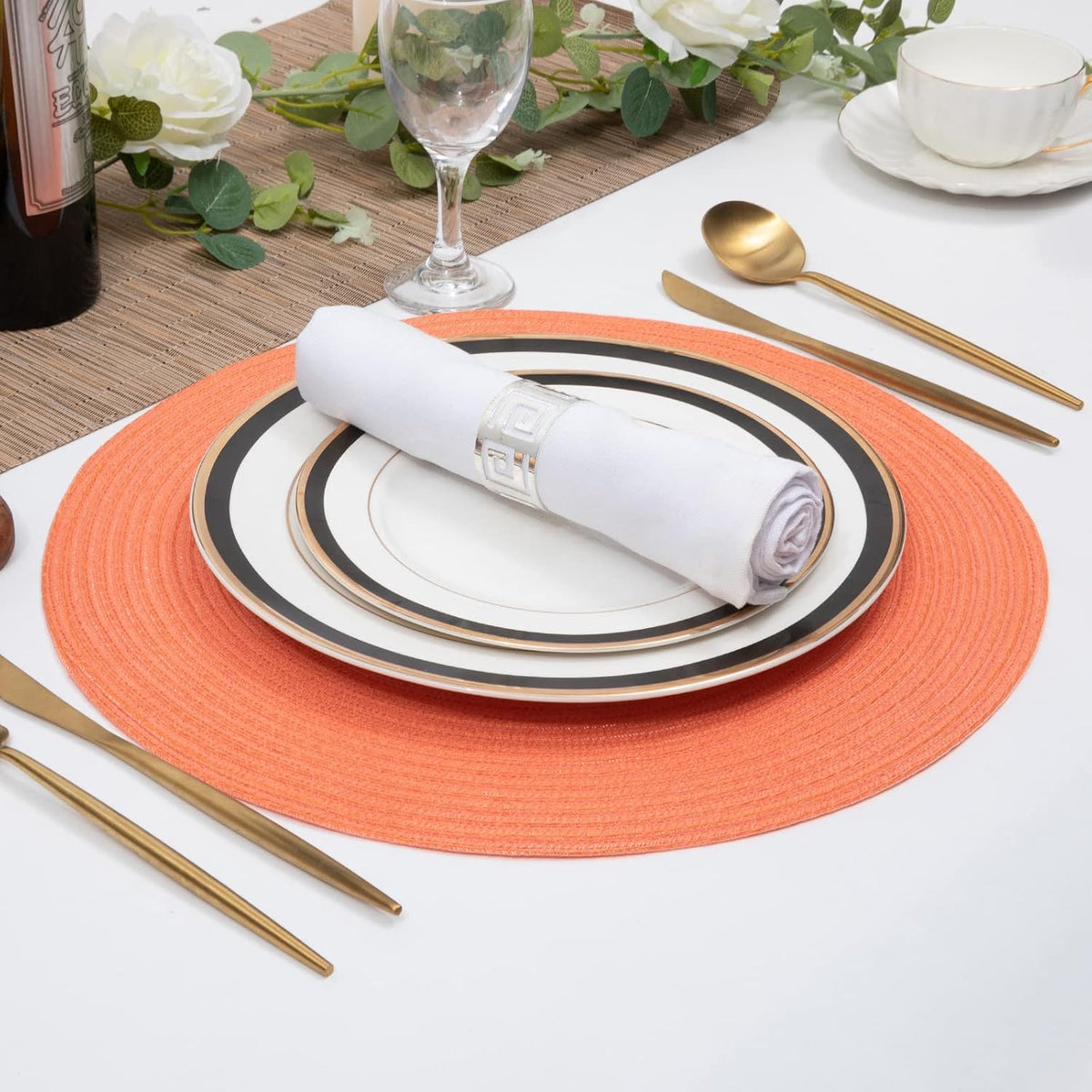 Round Braided Placemats Set of 6 Washable Cotton Polyester Round Placemats for Kitchen Table 15 inch Round Table Mats (Coral, 6)