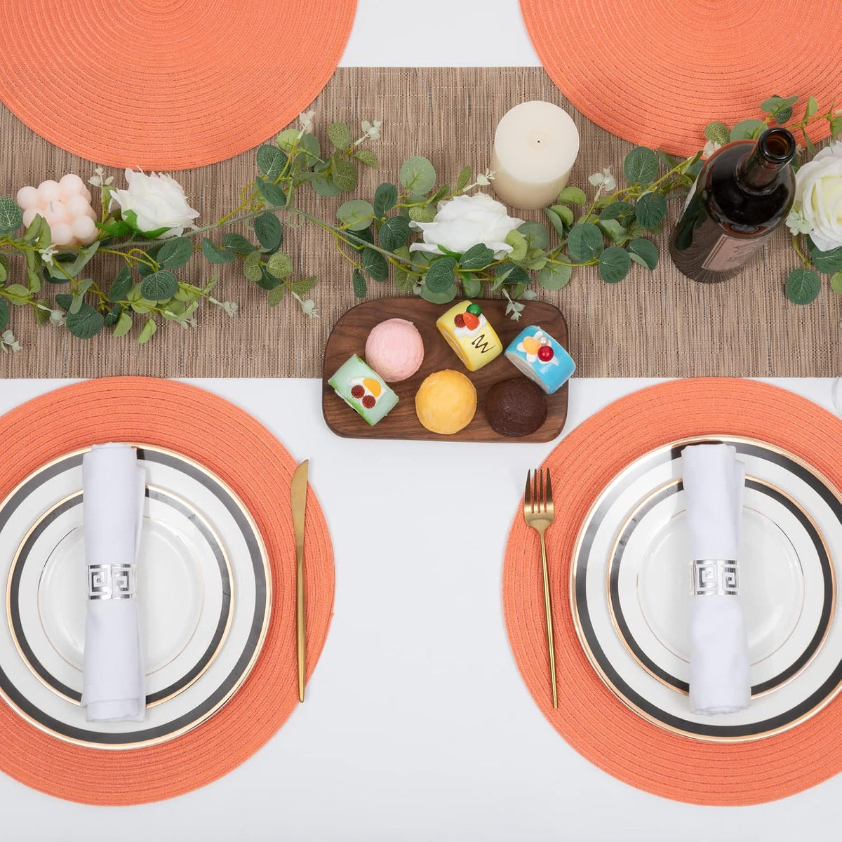 Round Braided Placemats Set of 6 Washable Cotton Polyester Round Placemats for Kitchen Table 15 inch Round Table Mats (Coral, 6)