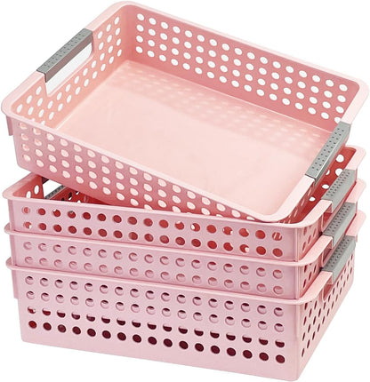 4 Pack Plastic Storage Basket with Handles, Wide Shallow Organizer Bin for Open-Top Desk and Drawer Organizer, Perfect for Snacks, Stationery (Pink)